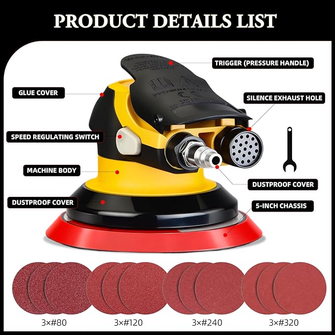 Low noise 5/6 Inch DA Sander for Auto Body - Lightweight, Powerful random orbital air sanders, Noise Reduction Design pneumatic sander (5 inch with 12 pcs Sandpaper)