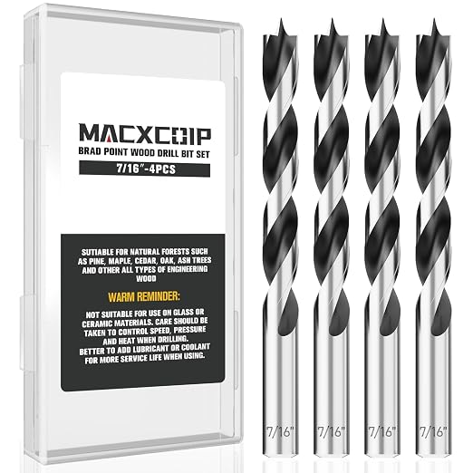 Brad Point Wood Drill Bit Set, 4Pcs 7/16" Drill Bit Set with Double Flutes Design for Carpenter Woodworking and All Types of Wood