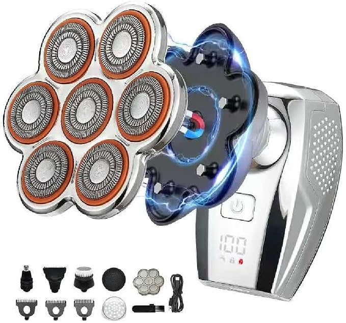 Electric Head & Body Hair Shaver - Mens Cordless Rechargeable Wet/Dry Skull Bald Head Back & Groin Waterproof Razor with Rotary Blades, Clippers, Nose Trimmer, Brush, Massager (Silver) | 𝟕𝐃 𝐅𝐥𝐨𝐚𝐭𝐢𝐧𝐠 Electric Razor with Magnetic Removable Head...