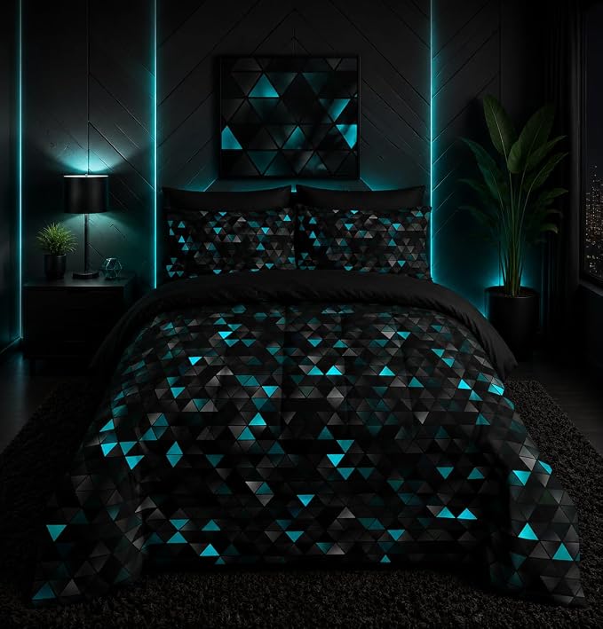 Nttopship Geometric Turquoise Black Triangle Full Comforter Set, Light Honeycomb Bedding Set 7 Piece in A Bag,Bed Sheet Set Geometry Decor,Microfiber Lightweight All Season