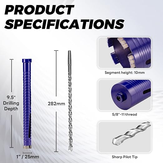 1" Core Drill Bit with Pilot Bit & Adapters(SDS Plus and 1/2" Hex), 5/8"-11 Thread, 9.5" Depth, Upgraded-Welded Segments Diamond Core Bits for Concrete, Masonry, Brick, Stone