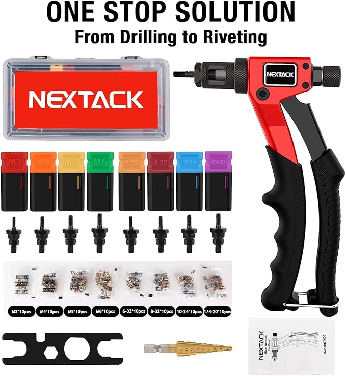 NEXTACK Rivet Nut Tool Kit with Step Drill Bit & 80 Nutserts for Tight Space, 8 Inch Rivnut Tool Set Riveter with 8 Mandrels 6-32 8-32 10-24 1/4-20 M3 M4 M5 M6 in Organized Rugged Carrying Case NT600