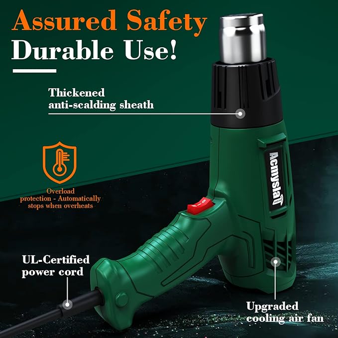 Heat Gun, Heavy Duty Hot Air Gun Kit Dual Temperature Settings 572℉~932℉ (300℃-500℃), Overload Protection with 4 Nozzles for Crafts, Shrink Wrapping/Tubing, Paint Removing, Epoxy Resin