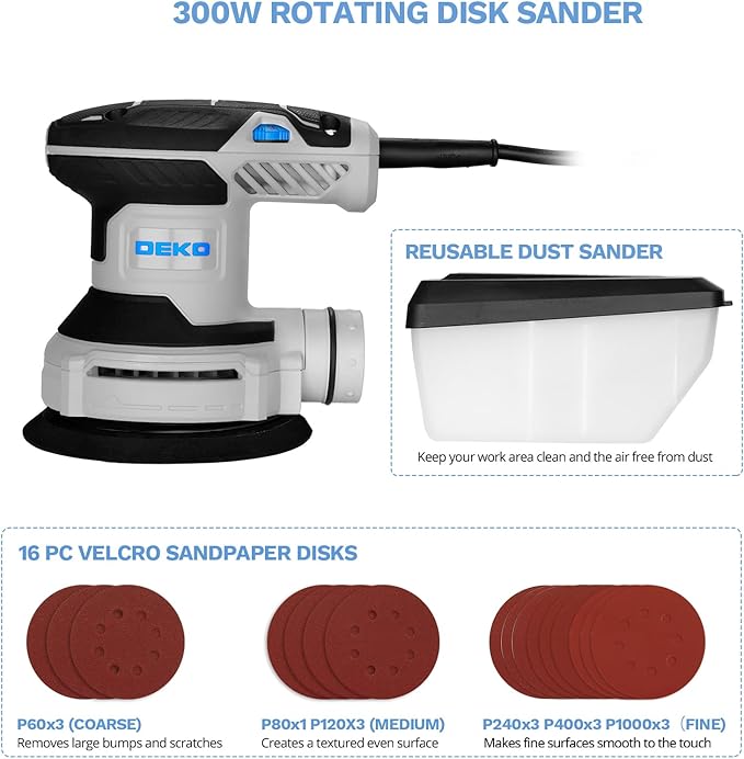 Orbital Sander Corded Hand Sander: DEKOPRO 5" Random Orbital Sander with Dust Box, 6 Various Speeds Electric Palm Sander with Dust Box, 16Pcs Sandpapers for Woodworking & Sanding (Blue)