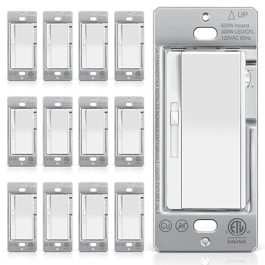 BESTTEN 12 Pack Super Slim Slide Dimmer Light Switch, Single Pole or 3 Way Dimmer Switches, Compatible with LED Dimmable Lamp, CFL, Incandescent, Halogen Bulb, ETL Listed, White