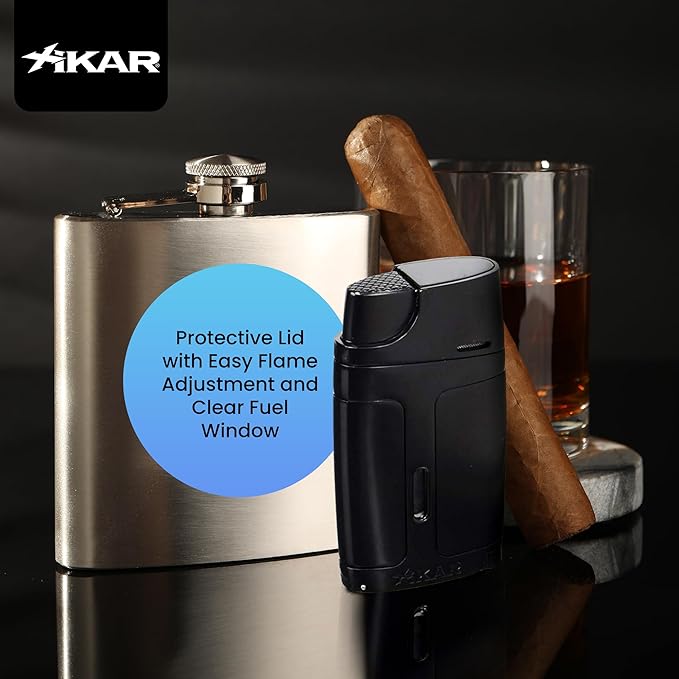 XIKAR ELX Double Jet Flame Butane Torch Lighter with 9mm Cigar Punch – Refillable Butane Lighter with Fuel Window – Wind-Resistant Adjustable Flame – Premium Cigar Accessory – Black