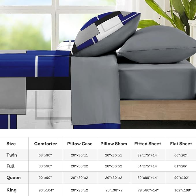 Nesker Comforter Set King Size, Blue Black Geometric 7 Pcs Bedding for Kids and Adults, Grey Abstract Modern Bed Sheet Sets with Fitted Sheet 2 Pillowcases & 2 Shams
