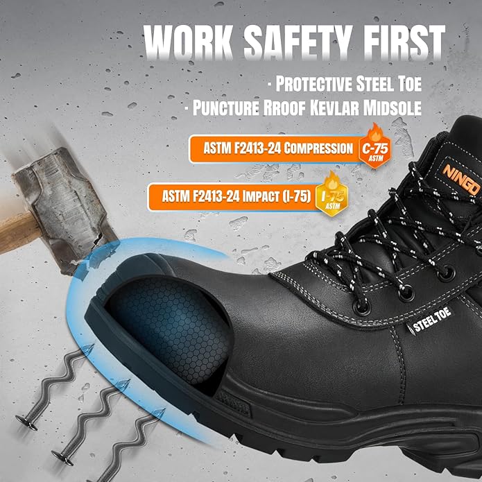 NINGO Steel Toe Work Boots for Men, Non Slip & Puncture Resistant Construction Boots with Breathable Lining, EH Protection, Comfortable Mens Safety Leather Work Shoes for Industrial, Walking Warehouse