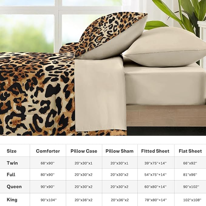 Nesker Comforter Set King Size, Leopard Print Wild Cheetah 7 Pcs Bedding for Kids and Adults, Animal Safari Skin Pattern Bed Sheet Sets with Fitted Sheet 2 Pillowcases & 2 Shams