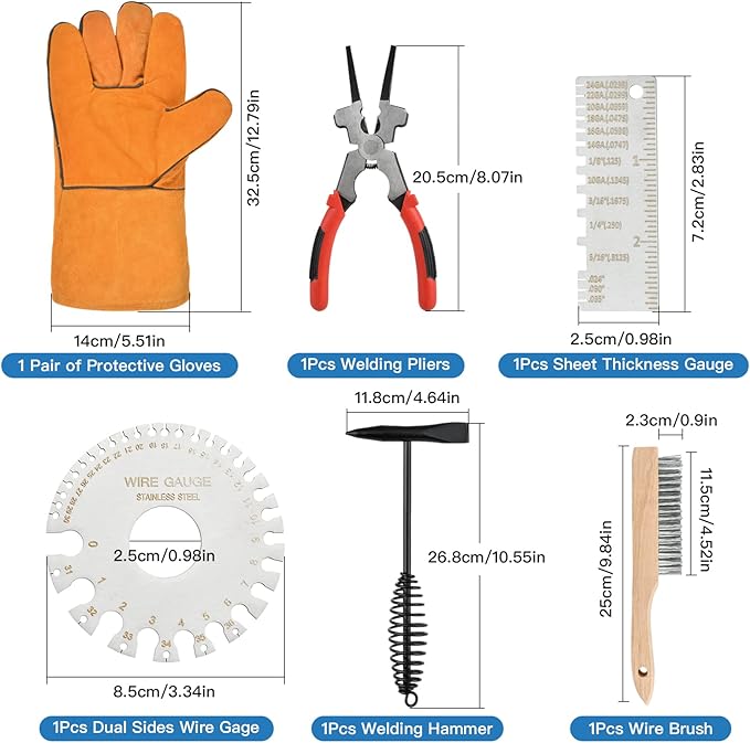 6Pcs Welding Accessories, Chipping Hammer 10.55 In, Pliers 8.07 In, Wire Brush 9.84 In, Metal Sheet Gauges and Welding Gloves, Essential Welder Cleaning Set for Slag Removal & Maintenance