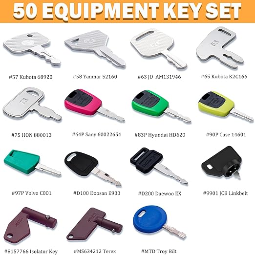 50 Heavy Equipment Keys Master Set, Construction Contractor Machine Ignition Keys Set Fits CAT Caterpillar Case John Deere JCB Hyster JLG Komatsu Kubota Yanmar New Holland Takeuchi Volvo