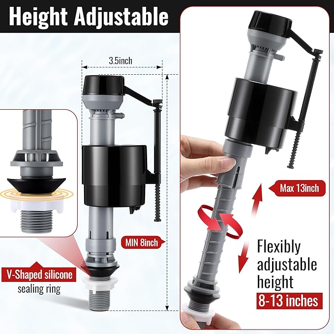 2 Inch Toilet Flusher Replacement Kit, Toilet Flusher Repair Kit Include Adjustable Fill Valve with Flapper, Metal Front Flush Handle, Gasket and Bolts, Anti-Siphon Repair Parts Tank(1 Set)