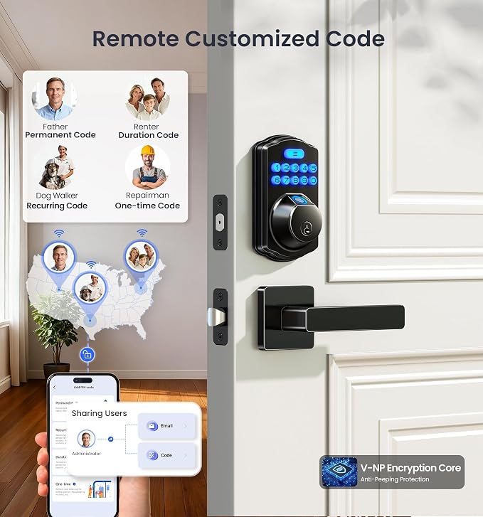 Veise VE012W-L WiFi Fingerprint Deadbolt Lock with Handle Set, Matte Black | Built-in WiFi, APP Remote & Voice Control, Real-time Alert, Smart Keyless Entry for Front Door, Back-Lit Keypad, Auto Lock