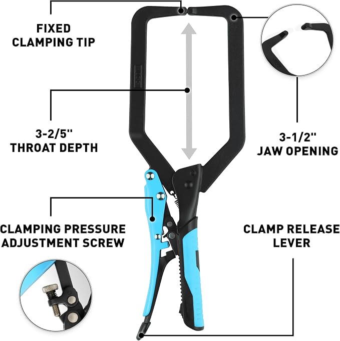 OX Auto Adjust 10-Inch Long Reach C Clamp Locking Pliers - Vise Grip Style Welding Clamp for Woodworking & Metalworking - Professional Grade Face Clamp with Rubber Grip Handle