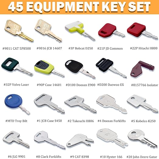 45 Construction Equipment Operator Keys, Heavy Equipment Key Master Set for Caterpillar Cat John Deere JCB Volvo Hyster Yanmar Takeuchi Yanmar Kubota Toyota Komatsu Excavator Dumper Dozer