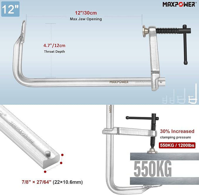 MAXPOWER 4-pieces Light Duty F Clamps Set, Jaw Opening 4" 8" 8" 12"