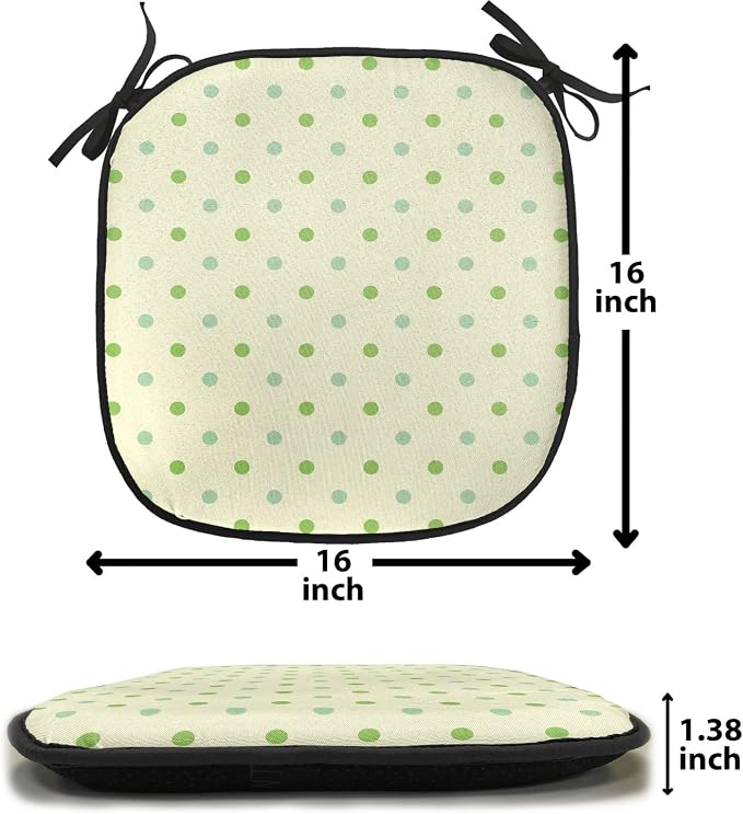 Lunarable Geometric Chair Cushion Pads Set of 4, Polka Dots Spots Classic Style Trendsetting Simple Monochrome Art, Anti-Slip Seat Padding for Kitchen & Patio, 16"x16", Pale Green Fern Green