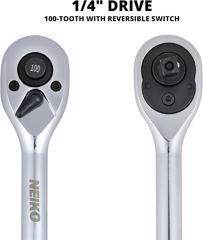 NEIKO 03115A 1/4 Inch Ratchet Wrench, 100-Tooth Reversible Ratchet, 3.6 Degree, Quick Release 1/4 Drive Ratchet, 6" Handle Ratchet, Oval Head Socket Wrench, CR-V Steel Quarter Inch Rachet Wrench