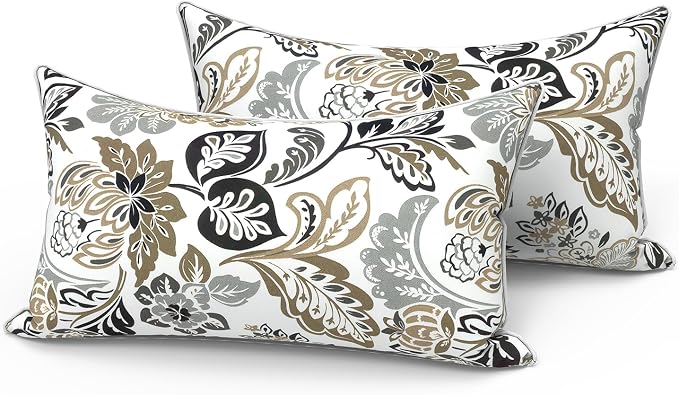 LVTXIII Set of 2 Outdoor Lumbar Pillows for Patio Furniture with White Piping, 12"x20" Fade Resistant Patio Lumbar Pillows with Inserts for Home Coach Sofa Use, Dailey Tan