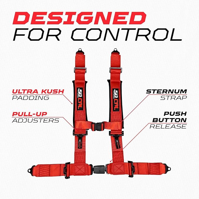 1pc 50 Cal Red 4 Point Harness 3in Straps, Racing Harness Seat Belt | Ultra Kush padding, Push Button quick release hardware. Universal Fit for UTV, RZR, race car.