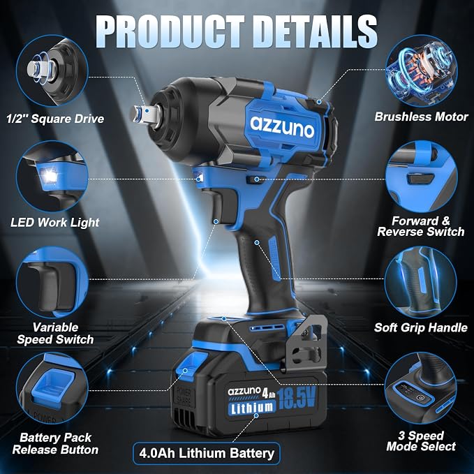Electric Impact Wrench 737 Ft-lbs(1000N.m) 1/2'' Brushless Cordless Impact Driver with Fast Charger and 2x4.0Ah Battery Powered Impact Wrench Charger & 4 CR-V Sockets for Home Car Truck Tires