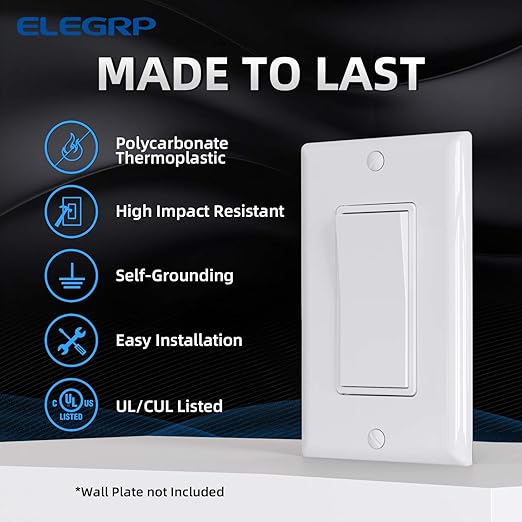 ELEGRP 4 Way Decorative Light Switch, 15Amp, 120-277 Volt, AC Decorator Rocker Paddle Wall Switch Replacement, Self-Grounding, Residential and Commercial Grade, UL Listed (10 Pack, Glossy White)