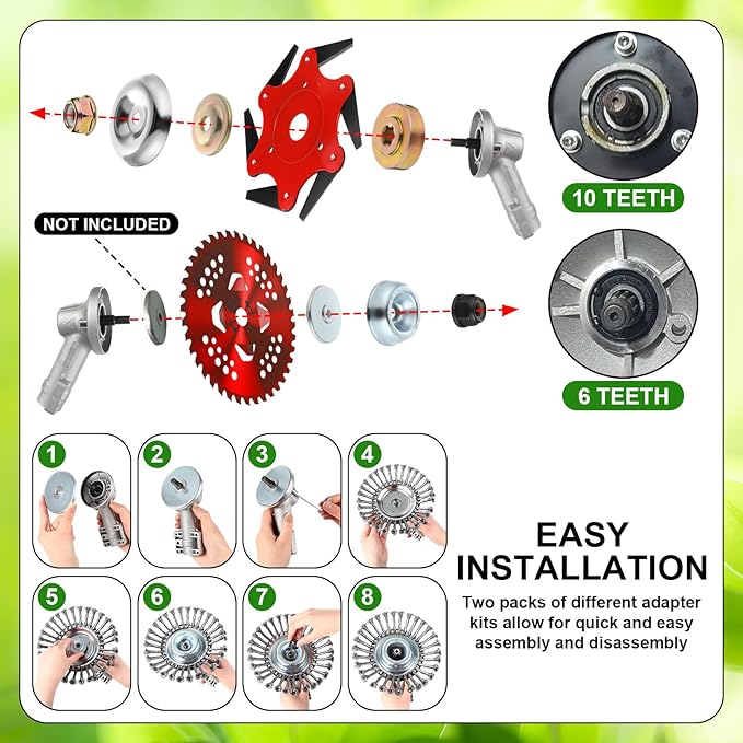 Duraaamo 7 Pcs Brush Cutter Kit Include 10" x 40T Carbide Tipped Blades, 10" x 6T Blades with Adapter Kit, 8 Inch Steel Wire Rotary Head and Trimmer Head Replacement
