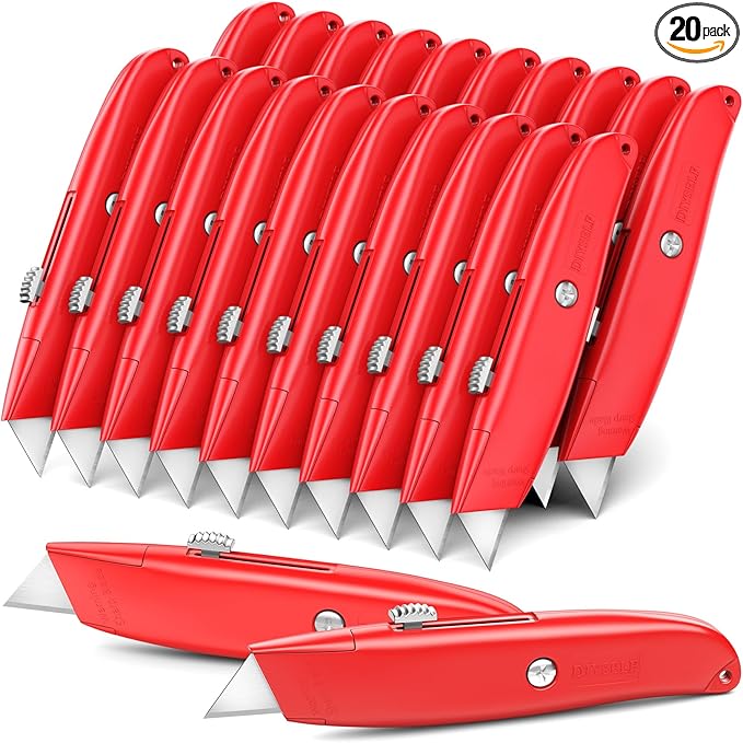 DIYSELF Utility Knife, 20 Pack Heavy Duty Box Cutter Retractable, Box Cutter Knife, Box Opener, Cardboard Cutter, Utility Knives for Garage, Home and Office, PVC Pipe Cutter (Red)