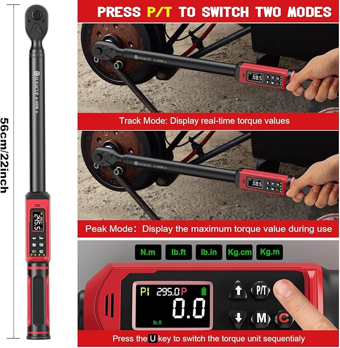 SUERCUP 1/2-inch Drive Digital Torque Wrench (4.4-295 Ft.lb/6-400Nm), ±1% Accuracy Digital Torque Wrench with Buzzer and LED Alarm,9 Preset Mode and Four Units of Measure for Car, Moto and Bike, DIY