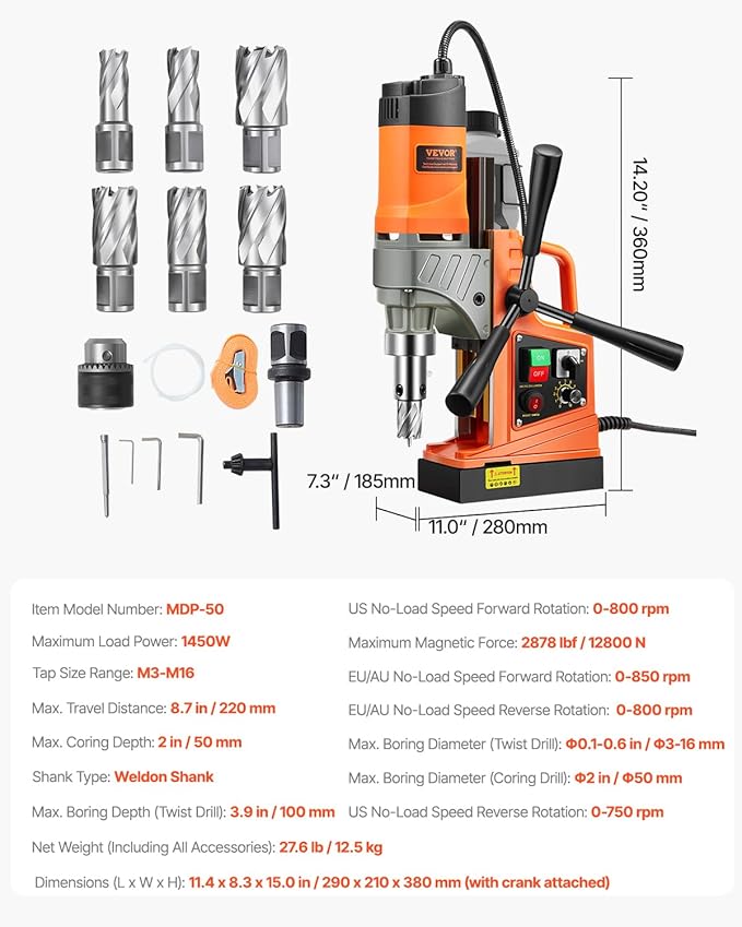 VEVOR Magnetic Drill, 1450W Motor 2 in Boring Diameter, 2878 lbf Portable Electric Mag Drill Press, with 6 Coring Bits, Variable Speed, Drilling Machine for Metal Surface, Home Improvement Industry