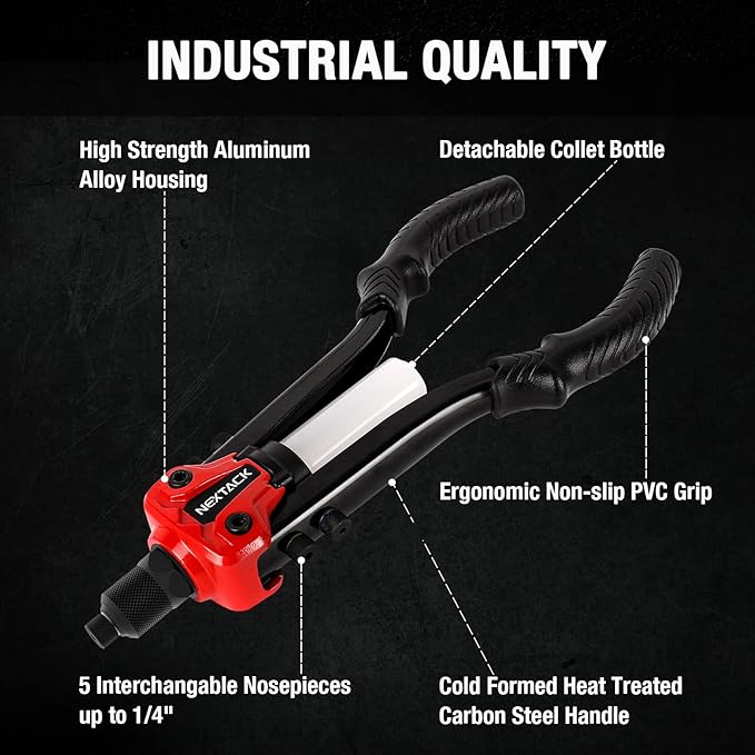 NEXTACK Rivet Gun Kit with 350 Blind Rivets, Heavy Duty Two-Handed 1/4” Pop Rivet Gun Set (NT300), 5 Nosepieces, Built-in Shaft Catcher for Van, Gutter & Automotive