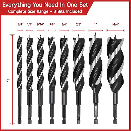 Auger Drill Bit Set for Wood – 8pcs Hex Shank Wood Drill Bits with Patented 3-Cutter Head, 6" Long, 3/8" to 1-1/4", Precision Woodworking Bits with Wooden Storage Box