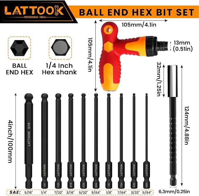 SAE Ball End Hex Bit Set with T Handle Ratchet Driver | LATTOOK 10PCS Ball End Hex Head Allen Wrench Drill Bit Set, Allen Key Drill Bit Set, Magnetic S2 Steel, 4'' Long