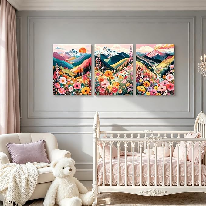 Frimeeme Colorful Floral Mountain Wall Art Set of 3, Boho Nature Landscape Print, Unframed, for Living Room Bedroom Bathroom Office Home Decoration 12x16in