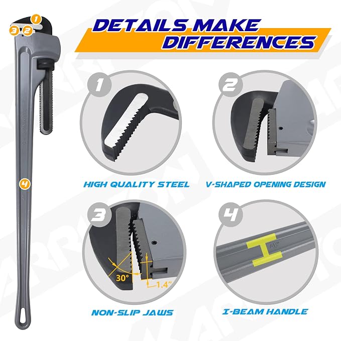 48 Inch Aluminum Pipe Wrench, 8"/200mm Adjustable Jaw Capacity, Heavy Duty Straight Handle Plumbing Wrenches Plumbers Tool, Exceed the Standard GGG (48-INCH)