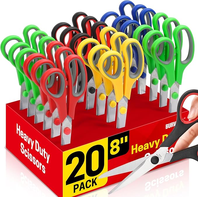 BURVAGY 8" 20 Pack All Purpose Heavy Duty Scissors- Comfort-Grip Sharp Scissors for Office School Sewing Fabric Craft High/Middle School Student Teacher Scissor, Right/Left Hand