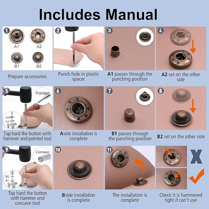 Alritz 15mm Leather Snap Button Kits with Hammer Punch Spacer, 90 Sets Metal Snaps Press Studs with 4 Setter Tools for Thin Clothes, Jackets, Jeans Wears, Bracelets, Bags