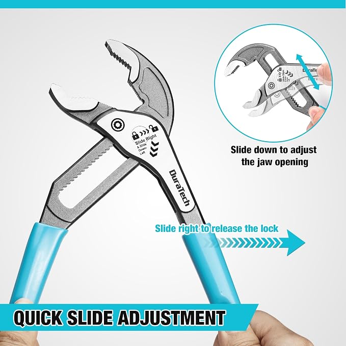 DURATECH 8-Inch Water Pump Pliers, Quick-Adjust Groove Joint Pliers, Tongue and Groove Plier with Slide-to-Unlock Mechanism, V-Jaw Design, CR-V Steel, for Plumbing, Automotive and Household Repairs