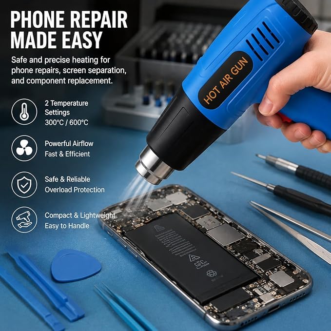 Heat Gun, 900W Hot Air Gun with 2 Temp Settings 572 & 1112°F, Overload Protection, 4 Nozzles, 5FT Cord, Heat Shrink Gun for Crafts, Resin, Vinyl Wrap, Soldering & Phone Repair