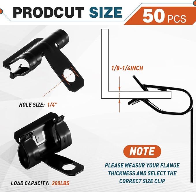 Hicarer 50 Pcs Hammer-On Flange Clip Side Mount 1/8-1/4 Inch Beam Clamp with Hole Cable Clip for Flanges Spring Steel