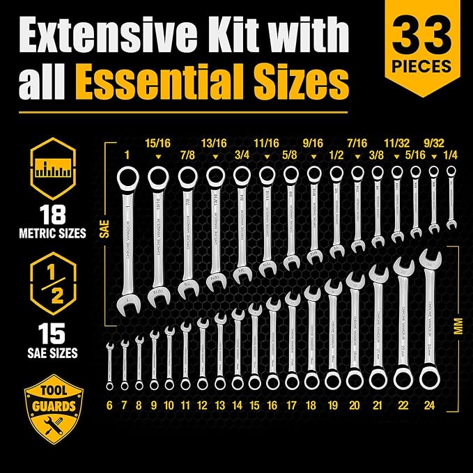 Ratcheting Wrench - Slim Profile - Ratchet Wrench, 33-Piece SAE & Metric Combination Wrenches
