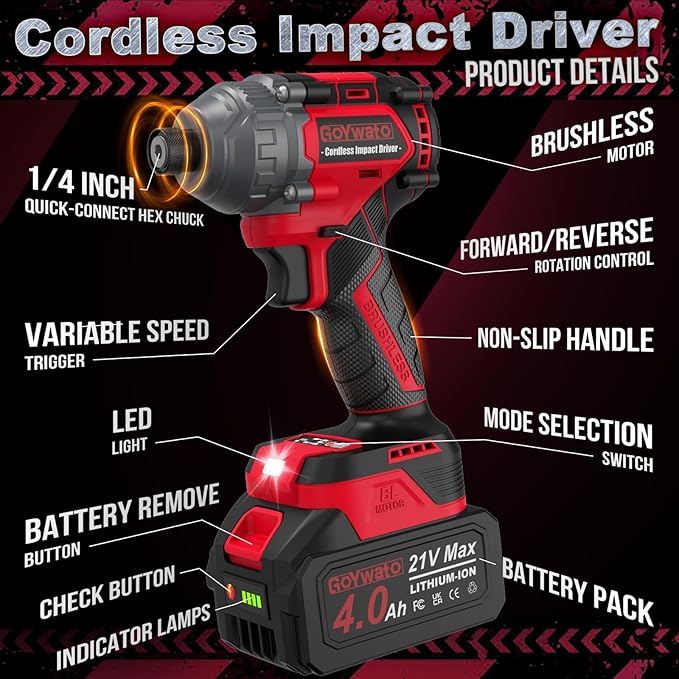 Cordless Impact Driver 2655In-lbs(300N·m) - 21V 1/4" Hex Chuck Brushless Impact Driver With 2 x 4.0Ah Batteries & Charger & 14 x Sockets Set & 10 x Screwdriver Bits for Home Projects & DIY Red