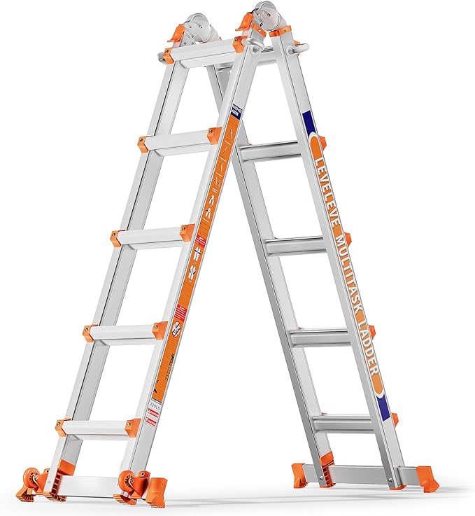 LEVELEVE Telescoping A Frame Ladder, 22FT Multi Position Ladder with Stabilizer Bar & Wheels,330 lbs Security Load for Stairs Home Indoor Outdoor Roof