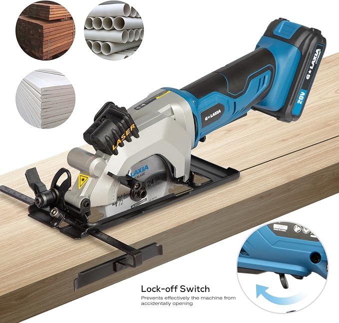 Mini Circular Saw, 4-1/2"" 3400RPM Cordless Circular Saw with Laser Guide, Rip Guide, Compact Hand Saw with 2Pcs blades（24T+60T), Max Cutting Depth 1-11/16""(90°), 1-1/8""(45°), Blue