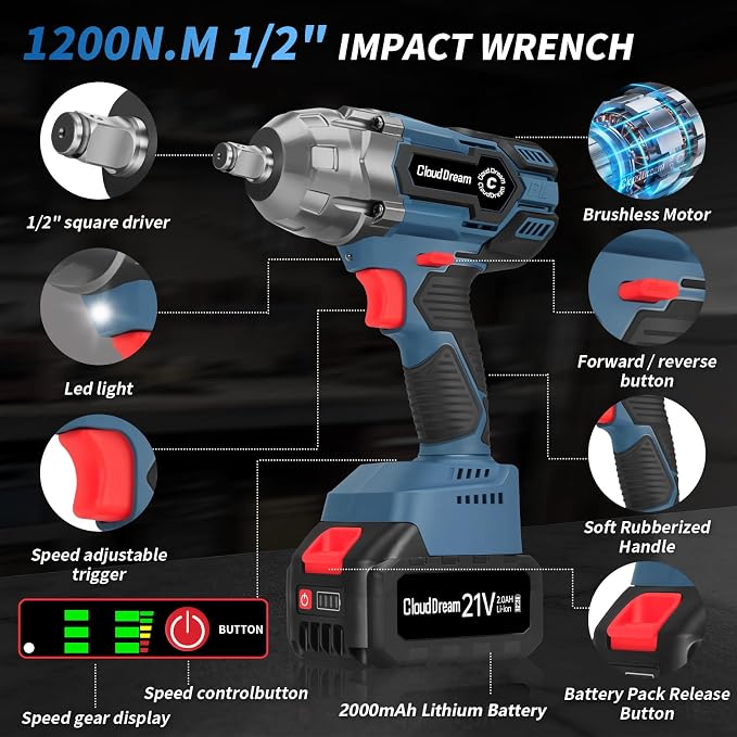 CloudDream 1200N.m Cordless Impact Wrench,Brushless Gun with 2 Batteries | 1/2 Inch Electric Impact Gun with Fast Charger,5 Sockets,Case for Car Tires,Mower,Pickup