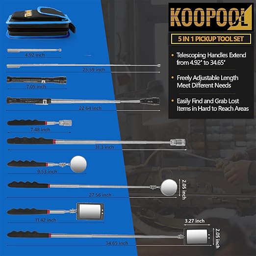 Telescoping Magnetic Pickup Tool Set, Inspection Mirror Telescoping, LED Flashlight, Cool Gadgets for Men, Stocking Stuffers, Gifts for Dad, Husband, Kids, Boyfriend, Magnet Stick (Blue)