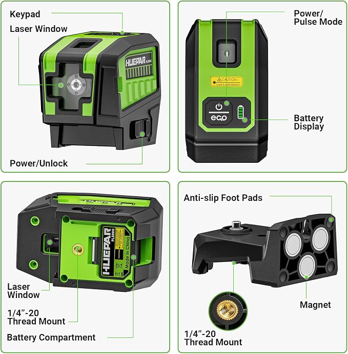 HUEPAR 5 Point Self Leveling Laser Alignment Tool with Plus Mode (98-165Ft), Laser Plumb Dots Level with 360° Magnetic Base Includes 2 AA Batteries & Hard Carrying Case - PL500G