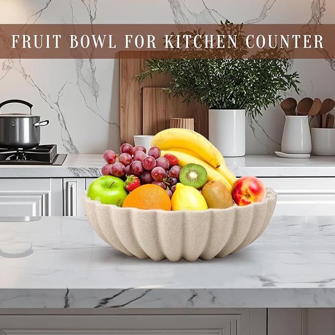 L'ARL GMVOI Large Decorative Bowl - Modern Handicraft Bowls for Home Decor - Fruit Bowl for Kitchen Counter - Key Bowl for Entryway Table - Ruffle Centerpiece Bowl Decor,Artificial Stone Beige