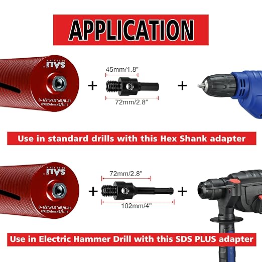 SALI Diamond Core Drill Bits 1 3/4" Diameter 10"/254mm Drilling Depth 5/8-11" Thread Core Bit Turbo Laser-Welded Segments for Cured Concrete with Brick Block Masonry with Two Adapters（Red）