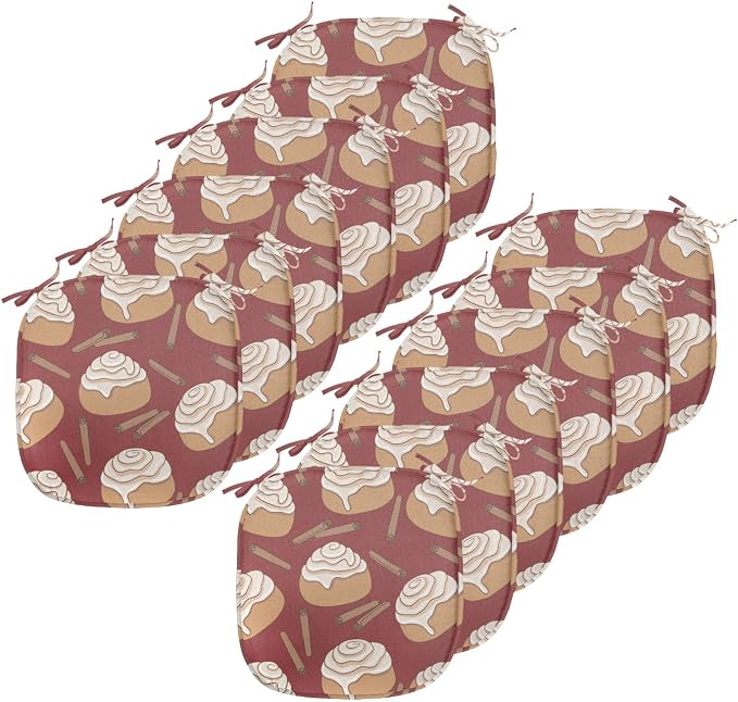 Lunarable Cinnamon Chair Seating Cushion Set of 12, Digitally Generated Delicious Cinnamon Rolls Dessert Patisserie Themed, Anti-Slip Seat Padding for Kitchen & Patio, 16"x16", Pale Maroon and Cocoa